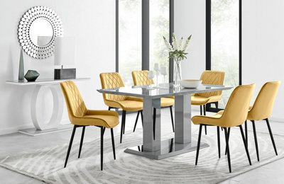 Imperia Grey High Gloss 6 Seater Dining Table with Structural 2 Plinth Column Legs 6 Mustard Velvet Black Leg Pesaro Chairs
