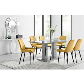 Imperia Grey High Gloss 6 Seater Dining Table with Structural 2 Plinth Column Legs 6 Mustard Velvet Black Leg Pesaro Chairs