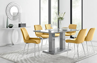 Imperia Grey High Gloss 6 Seater Dining Table with Structural 2 Plinth Column Legs 6 Mustard Velvet Silver Leg Pesaro Chairs