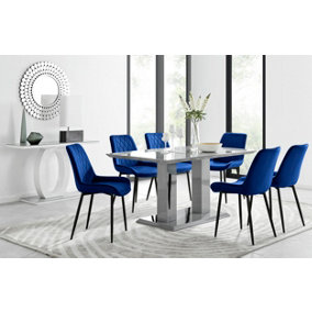 Imperia Grey High Gloss 6 Seater Dining Table with Structural 2 Plinth Column Legs 6 Navy Velvet Black Leg Pesaro Chairs