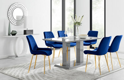Imperia Grey High Gloss 6 Seater Dining Table with Structural 2 Plinth Column Legs 6 Navy Velvet Gold Leg Pesaro Chairs