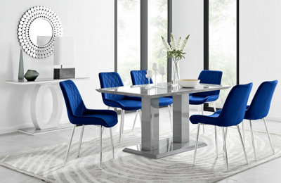Imperia Grey High Gloss 6 Seater Dining Table with Structural 2 Plinth Column Legs 6 Navy Velvet Silver Leg Pesaro Chairs