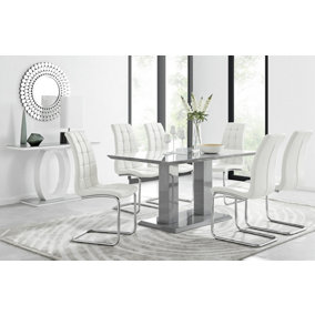 Imperia Grey High Gloss 6 Seater Dining Table with Structural 2 Plinth Column Legs 6 White Padded Faux Leather Murano Chairs