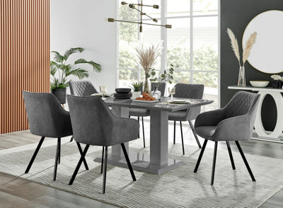 Imperia Grey High Gloss 6 Seater Dining Table with Structural 2 Plinth Column Legs Dark Grey Fabric Black Leg Falun Chairs