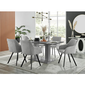 Imperia Grey High Gloss 6 Seater Dining Table with Structural 2 Plinth Column Legs Light Grey Fabric Black Leg Falun Chairs