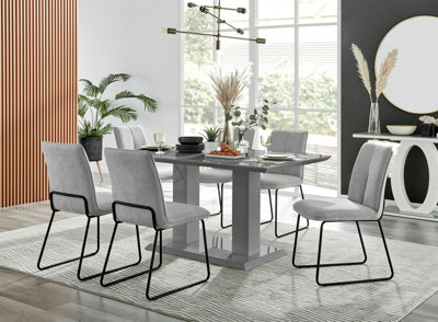 Imperia Grey High Gloss 6 Seater Dining Table with Structural 2 Plinth Column Legs Light Grey Fabric Halle Modern Chairs