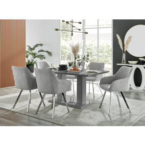 Imperia Grey High Gloss 6 Seater Dining Table with Structural 2 Plinth Column Legs Light Grey Fabric Silver Leg Falun Chairs