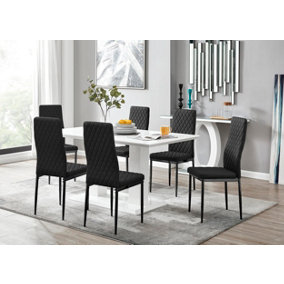 Imperia White High Gloss 6 Seater Dining Table with Structural 2 Plinth Column Legs 6 Black Faux Leather Black Leg Milan Chairs