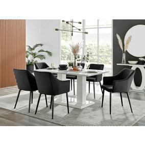 Imperia White High Gloss 6 Seater Dining Table with Structural 2 Plinth Column Legs 6 Black Velvet Black Leg Calla Chairs