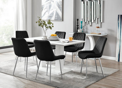 Imperia White High Gloss 6 Seater Dining Table with Structural 2 Plinth Column Legs 6 Black Velvet Silver Leg Pesaro Chairs