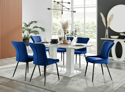 Imperia White High Gloss 6 Seater Dining Table with Structural 2 Plinth Column Legs 6 Blue Velvet Black Leg Nora Chairs DIY at B Q