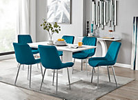 Imperia White High Gloss 6 Seater Dining Table with Structural 2 Plinth Column Legs 6 Blue Velvet Silver Leg Pesaro Chairs