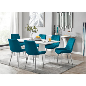 Imperia White High Gloss 6 Seater Dining Table with Structural 2 Plinth Column Legs 6 Blue Velvet Silver Leg Pesaro Chairs