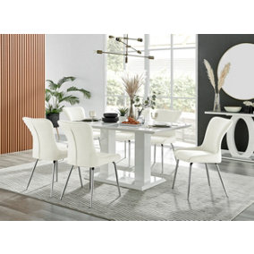 Imperia White High Gloss 6 Seater Dining Table with Structural 2 Plinth Column Legs 6 Cream Velvet Silver Leg Nora Chairs