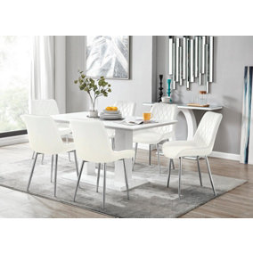 Imperia White High Gloss 6 Seater Dining Table with Structural 2 Plinth Column Legs 6 Cream Velvet Silver Leg Pesaro Chairs