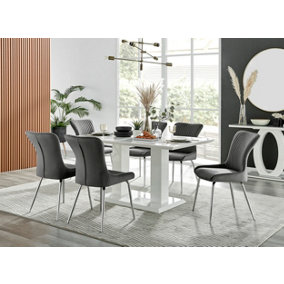 Imperia White High Gloss 6 Seater Dining Table with Structural 2 Plinth Column Legs 6 Dark Grey Velvet Silver Leg Nora Chairs