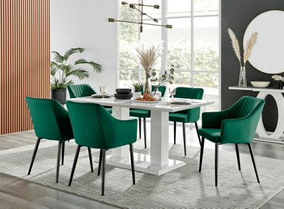 Imperia White High Gloss 6 Seater Dining Table with Structural 2 Plinth Column Legs 6 Green Velvet Black Leg Calla Art Deco Chairs