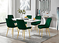 Imperia White High Gloss 6 Seater Dining Table with Structural 2 Plinth Column Legs 6 Green Velvet Gold Leg Pesaro Chairs
