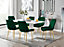 Imperia White High Gloss 6 Seater Dining Table with Structural 2 Plinth Column Legs 6 Green Velvet Gold Leg Pesaro Chairs