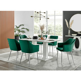 Imperia White High Gloss 6 Seater Dining Table with Structural 2 Plinth Column Legs 6 Green Velvet Silver Leg Calla Chairs