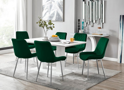 Imperia White High Gloss 6 Seater Dining Table with Structural 2 Plinth Column Legs 6 Green Velvet Silver Leg Pesaro Chairs