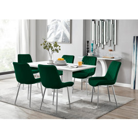 Imperia White High Gloss 6 Seater Dining Table with Structural 2 Plinth Column Legs 6 Green Velvet Silver Leg Pesaro Chairs