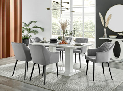 Imperia White High Gloss 6 Seater Dining Table with Structural 2 Plinth Column Legs 6 Grey Velvet Black Leg Calla Art Deco Chairs