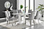 Imperia White High Gloss 6 Seater Dining Table with Structural 2 Plinth Column Legs 6 Grey Velvet Silver Leg Belgravia Chairs