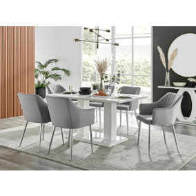 Imperia White High Gloss 6 Seater Dining Table with Structural 2 Plinth Column Legs 6 Grey Velvet Silver Leg Calla Art Deco Chairs