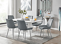 Imperia White High Gloss 6 Seater Dining Table with Structural 2 Plinth Column Legs 6 Grey Velvet Silver Leg Pesaro Chairs