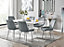 Imperia White High Gloss 6 Seater Dining Table with Structural 2 Plinth Column Legs 6 Grey Velvet Silver Leg Pesaro Chairs