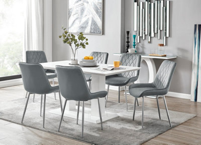 Imperia White High Gloss 6 Seater Dining Table with Structural 2 Plinth Column Legs 6 Grey Velvet Silver Leg Pesaro Chairs