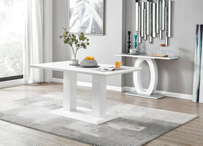 Imperia White High Gloss 6 Seater Dining Table with Structural 2 Plinth Column Legs 6 Grey Velvet Silver Leg Pesaro Chairs