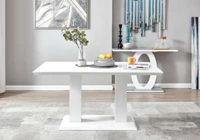Imperia White High Gloss 6 Seater Dining Table with Structural 2 Plinth Column Legs 6 Grey Velvet Silver Leg Pesaro Chairs