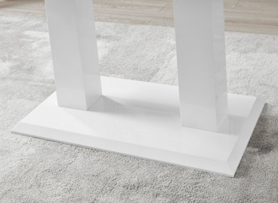 Imperia White High Gloss 6 Seater Dining Table with Structural 2 Plinth Column Legs 6 Grey Velvet Silver Leg Pesaro Chairs