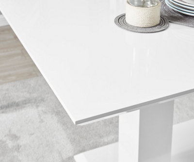 Imperia White High Gloss 6 Seater Dining Table with Structural 2 Plinth Column Legs 6 Grey Velvet Silver Leg Pesaro Chairs