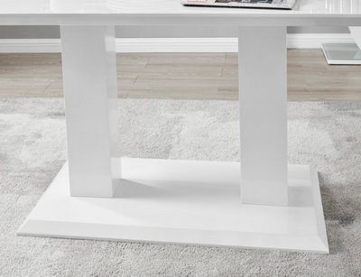 Imperia White High Gloss 6 Seater Dining Table with Structural 2 Plinth Column Legs 6 Grey Velvet Silver Leg Pesaro Chairs