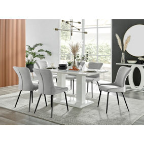 Imperia White High Gloss 6 Seater Dining Table with Structural 2 Plinth Column Legs 6 Light Grey Velvet Black Leg Nora Chairs