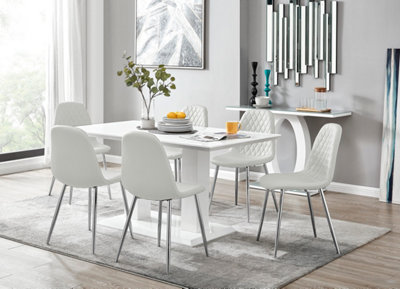 Imperia White High Gloss 6 Seater Dining Table with Structural 2 Plinth Column Legs 6 White Faux ...