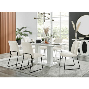 Imperia White High Gloss 6 Seater Dining Table with Structural 2 Plinth Column Legs Cream Fabric Halle Modern Chairs