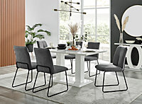 Imperia White High Gloss 6 Seater Dining Table with Structural 2 Plinth Column Legs Dark Grey Fabric Halle Modern Chairs