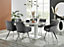 Imperia White High Gloss 6 Seater Dining Table with Structural 2 Plinth Column Legs Dark Grey Fabric Silver Leg Falun Chairs