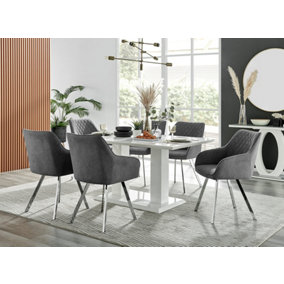 Imperia White High Gloss 6 Seater Dining Table with Structural 2 Plinth Column Legs Dark Grey Fabric Silver Leg Falun Chairs