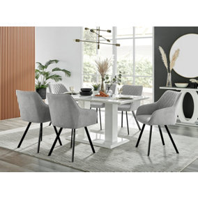 Imperia White High Gloss 6 Seater Dining Table with Structural 2 Plinth Column Legs Light Grey Fabric Black Leg Falun Chairs