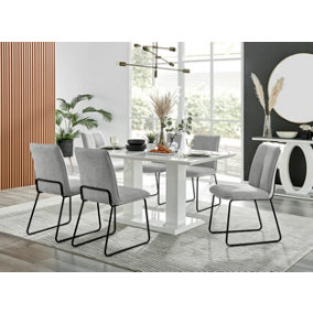 Imperia White High Gloss 6 Seater Dining Table with Structural 2 Plinth Column Legs Light Grey Fabric Halle Modern Chairs