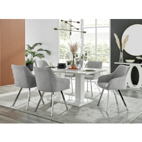 Imperia White High Gloss 6 Seater Dining Table with Structural 2 Plinth Column Legs Light Grey Fabric Silver Leg Falun Chairs