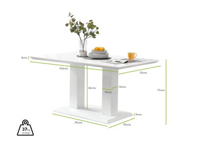 Imperia White High Gloss 6 Seater Dining Table with Structural 2 Plinth Column Legs Perfect for Modern Minimalist Dining Rooms