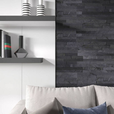 Imperial Black Riven Cladding Matt Natural Stone Wall 10 x 40cm