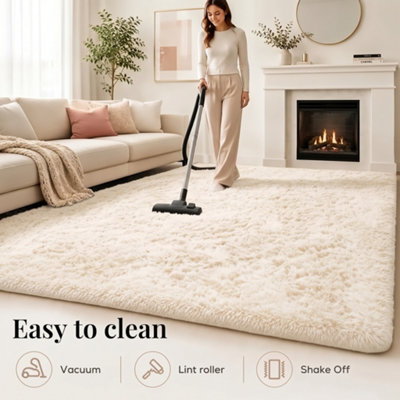 Imperial Rooms Plush Cream Shaggy Area Rug Soft Deep Pile Washable ...