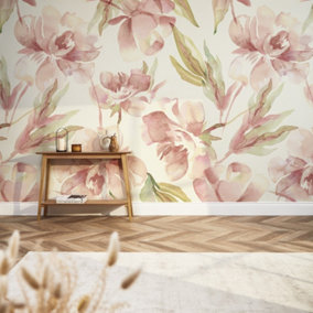 In Bloom Mural In Watercolour Peach And Green (350cm x 240cm)